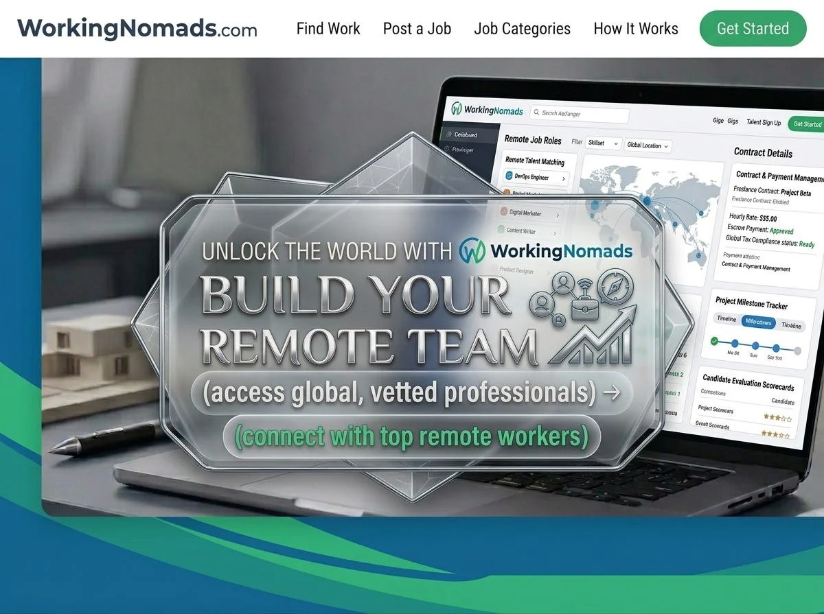 A laptop displaying a remote work platform called WorkingNomads with a graphic overlay promoting building a remote team and connecting with top remote workers.