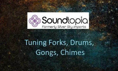 Soundtopia logo with text 'Tuning Forks, Drums, Gongs, Chimes' on a dark, textured background.