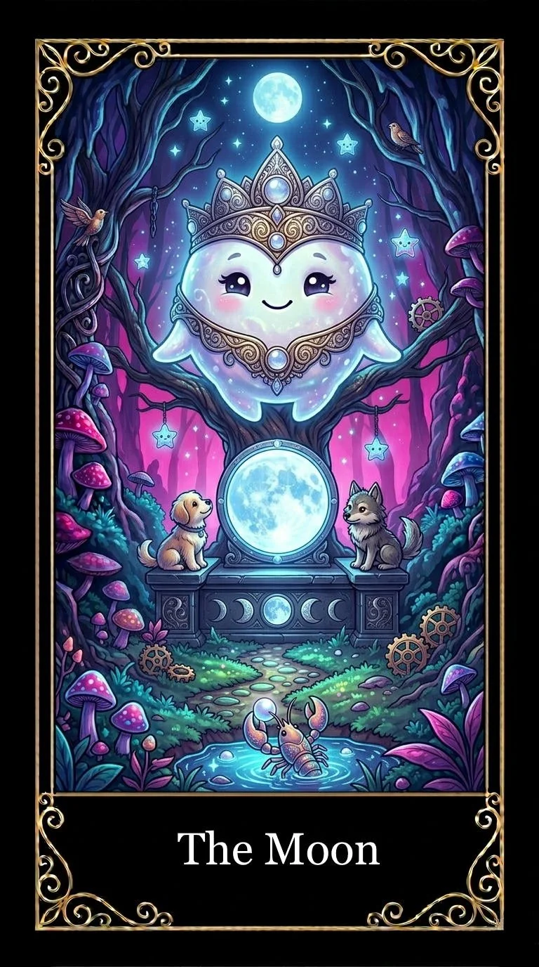 A whimsical, cartoon-style illustration of the moon with a smiling face, adorned with a crown, surrounded by a starry night sky. The scene features a mystical forest with glowing mushrooms, two playful dogs sitting on a stone structure marked with moon phases, a pond with a lobster, and two birds perched on trees. The overall color palette includes shades of purple, blue, and pink, creating a magical and enchanting atmosphere.