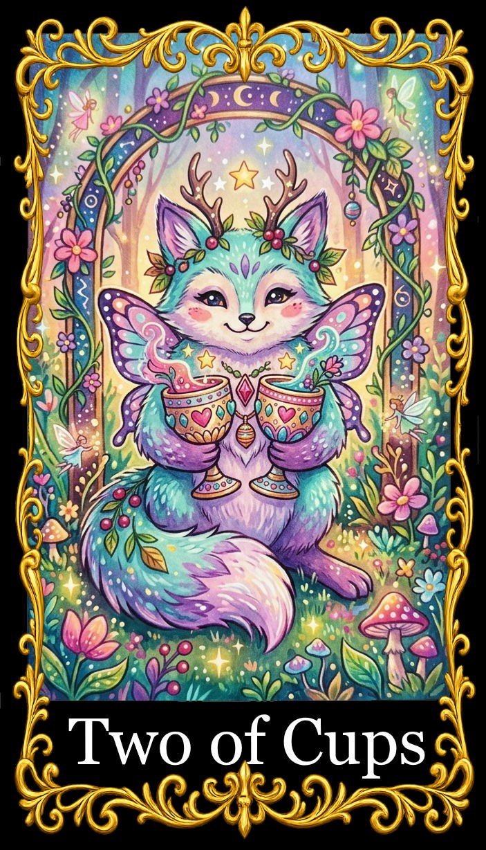 A colorful mystical illustration of a fox with butterfly wings, holding two decorated cups, surrounded by flowers, mushrooms, fairy lights, and small fairy-like creatures, framed with ornate gold design, labeled "Two of Cups".