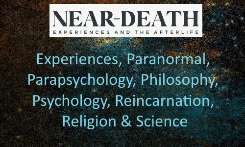 Close-up of a book or poster titled 'Near-Death: Experiences and the Afterlife,' with a starry background and a list of topics including experiences, paranormal, parapsychology, philosophy, psychology, reincarnation, religion, and science.