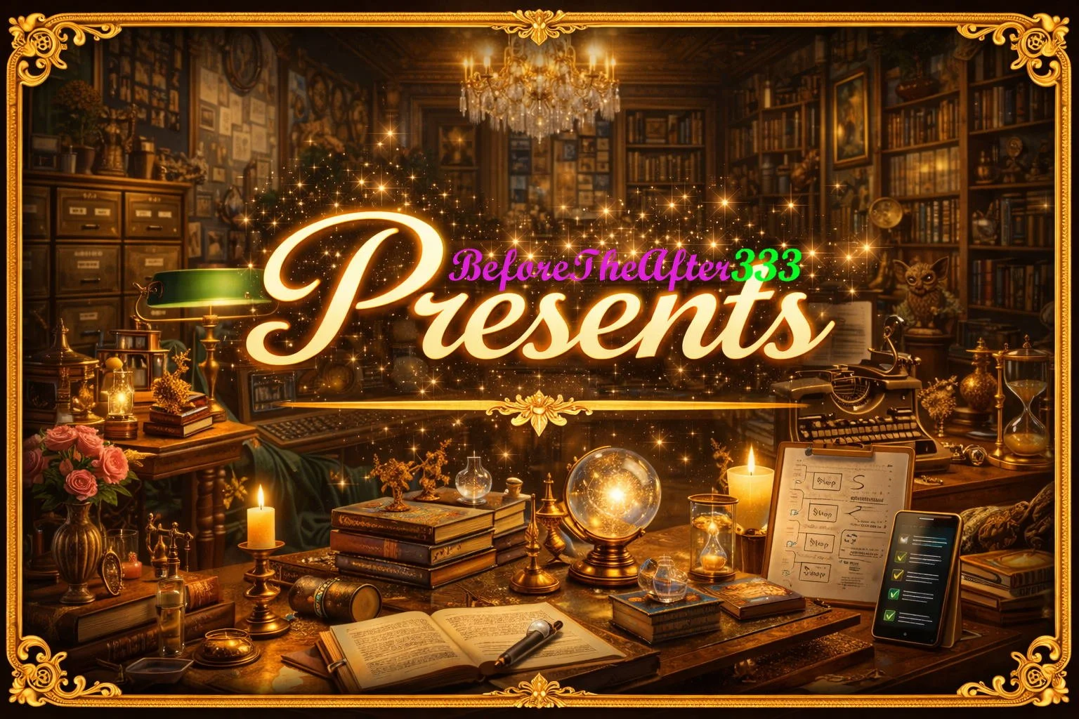 A vintage-styled book-filled workspace with candles, books, an hourglass, and decorative objects, with glowing sparkles and text overlay that reads "Before The After 333 Presents."