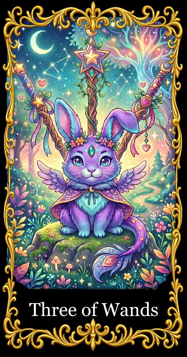 A colorful, fantasy-style illustration of a purple rabbit with wings, wearing a flower crown and fairy cape, sitting on a mossy rock in a magical forest under a crescent moon, surrounded by stars and glowing plants, with three wands floating above its head. The image has a decorative gold frame and the text 'Three of Wands' at the bottom.