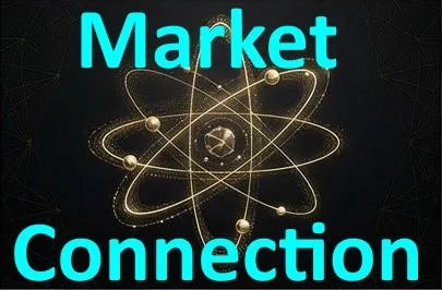 Futuristic graphic with the words 'Market Connection' in bright blue text and an atom-like structure in the background.