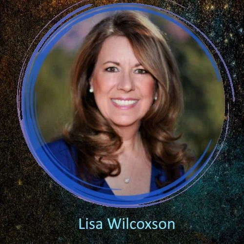 Headshot of Lisa Wilcoxson smiling against a blurred outdoor background, with digital blue circular graphic and her name displayed.