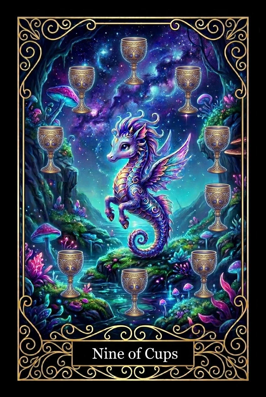 Fantasy illustration of a colorful seahorse with wings, surrounded by nine ornate golden cups in a mystical forest with glowing mushrooms and vibrant foliage, against a starry, cosmic sky.