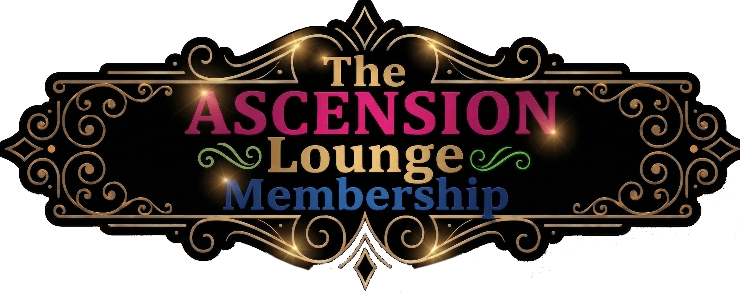 Decorative sign for The Ascension Lounge Membership with colorful text and ornate gold border.