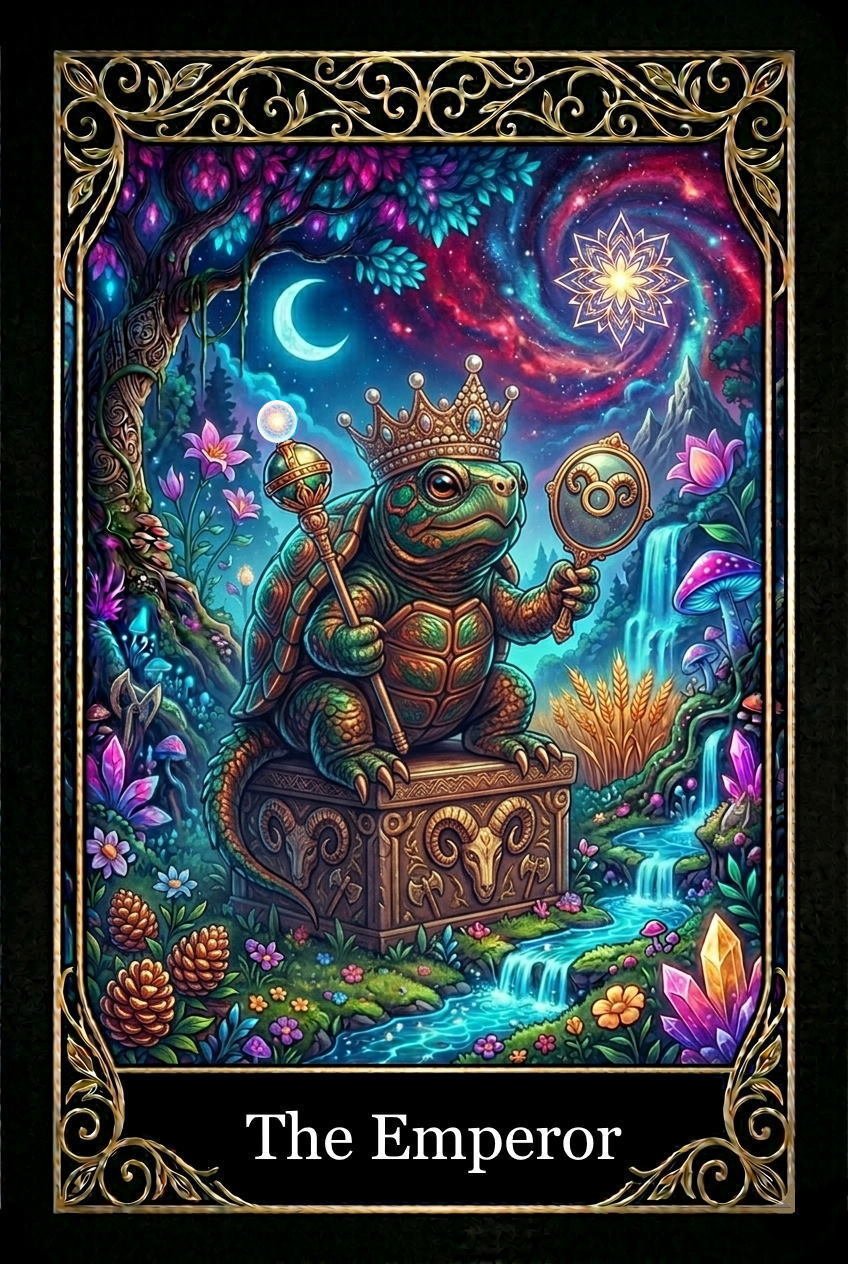 A colorful fantasy illustration of a turtle with a crown sitting on a decorated pedestal, holding a scepter and a mirror, in a magical forest scene with waterfalls, blooming flowers, and a starry sky with a moon and celestial patterns. The card is titled "The Emperor."