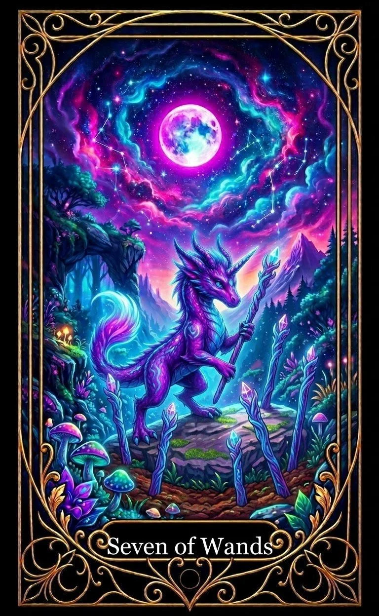 A fantasy tarot card titled "Seven of Wands" featuring a purple unicorn with a glowing horn and staff, standing on a rocky outcrop in a vibrant, mystical landscape under a cosmic sky with a bright moon, colorful nebulae, and constellations, surrounded by glowing crystals, mushrooms, and lush foliage.
