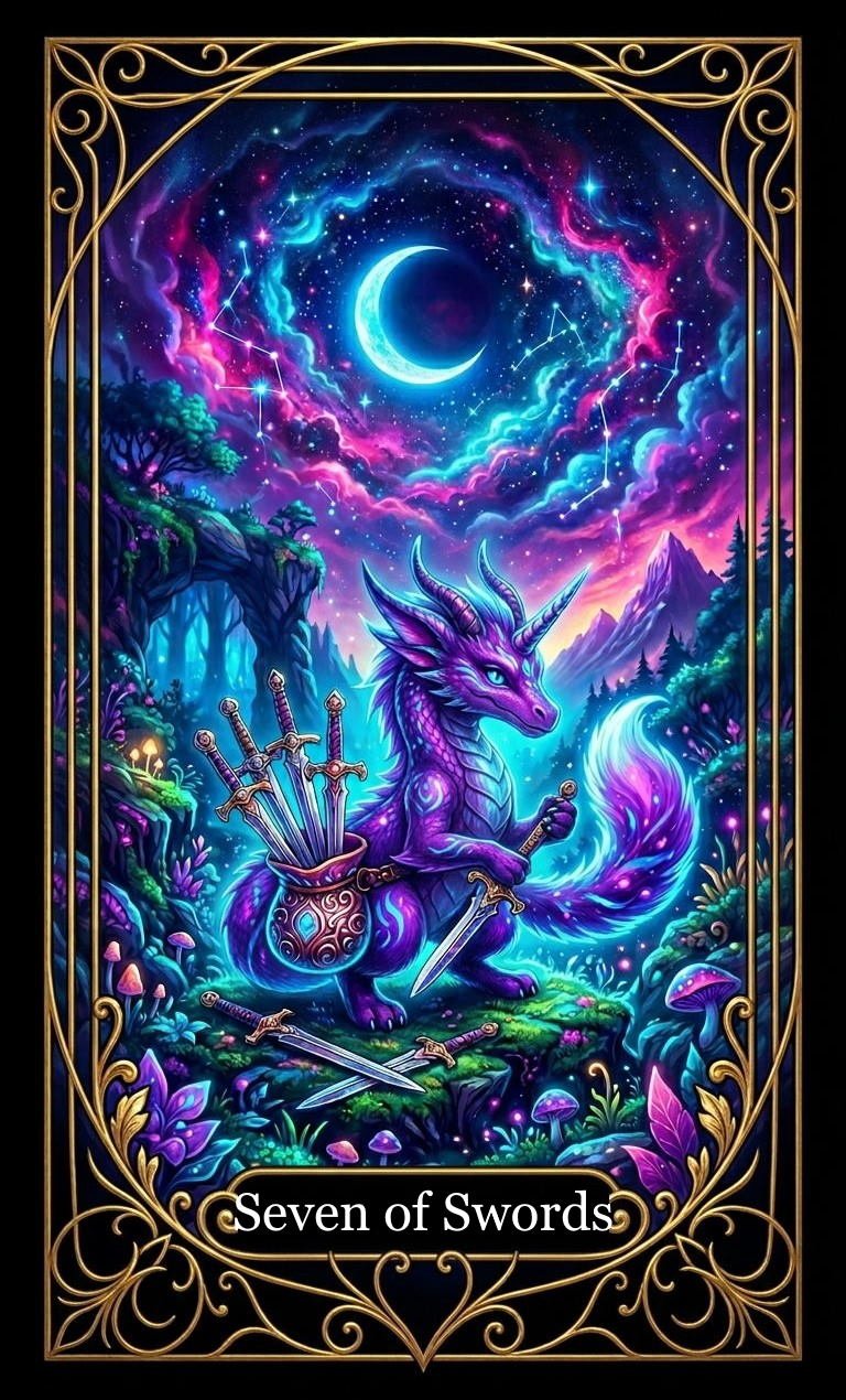 A fantasy card illustration of a purple unicorn with seven swords, set in a vibrant, starry night sky with a crescent moon and swirling colorful clouds. The scene includes lush trees and mushrooms, with a decorative gold border and the caption "Seven of Swords" at the bottom.