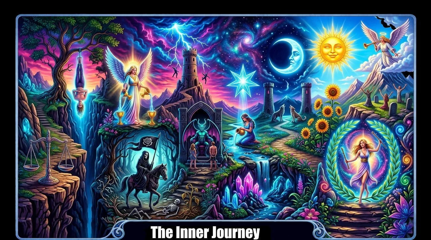 A vibrant fantasy scene with celestial and mythical elements, including angels, a dragon statue, a woman pouring water, sunflowers, waterfalls, mountains, and symbols of balance and justice, under a colorful sky with stars and moons. Title at the bottom: "The Inner Journey."