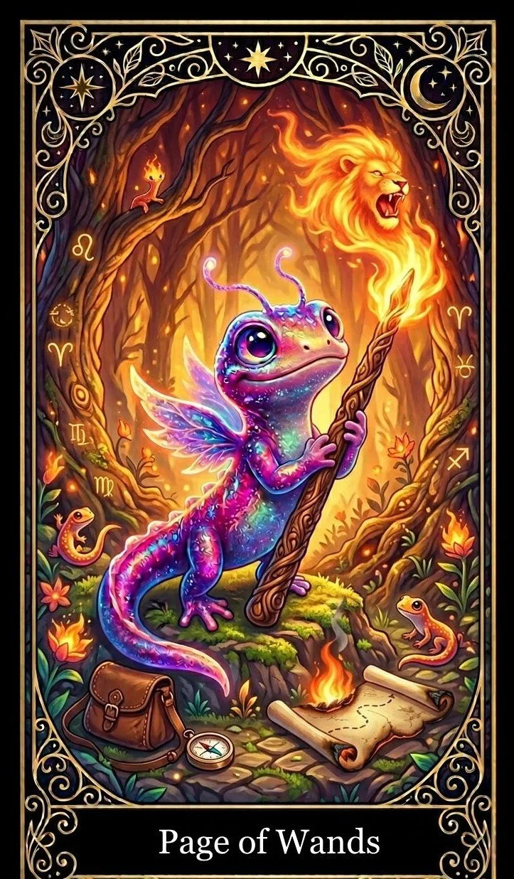 A colorful fantasy-style illustration on the tarot card 'Page of Wands' featuring a chameleon with fairy wings holding a lit wand in a mystical forest. Surrounding elements include a glowing lion's head, small lizards, a bag, a compass, flowers, a scroll, and zodiac symbols, with an ornate border of stars, the moon, and decorative swirls.
