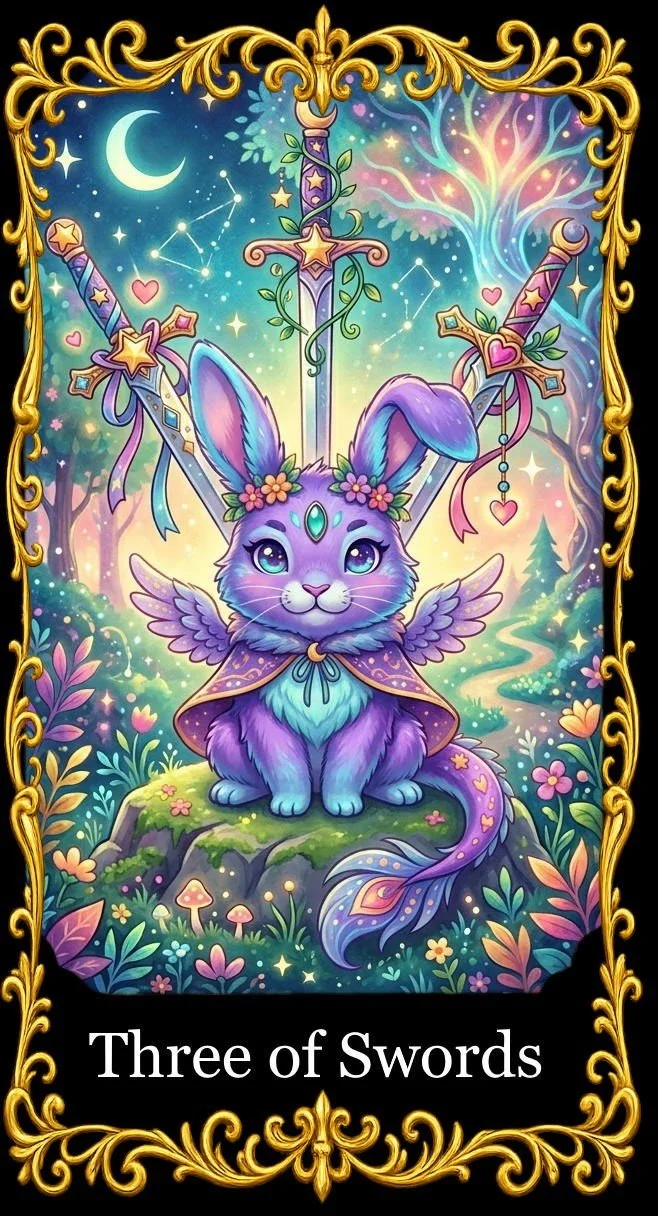 A colorful, fantasy-inspired illustration of a purple, winged rabbit with large expressive eyes, adorned with a flower crown, sitting on a mossy rock surrounded by flowers and glowing plants. Behind it, three intricately designed swords with hearts and stars are crossed vertically. The background features a moonlit night with a crescent moon, constellations, a glowing tree, and a sparkling, enchanted forest scene, all framed with ornate gold decorative borders. The text "Three of Swords" appears at the bottom.