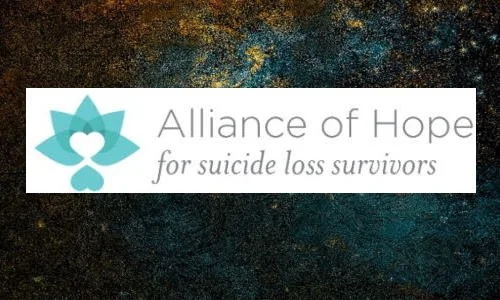 Logo for Alliance of Hope for suicide loss survivors, featuring a teal lotus flower with a white heart in the center, set against a dark, textured background.