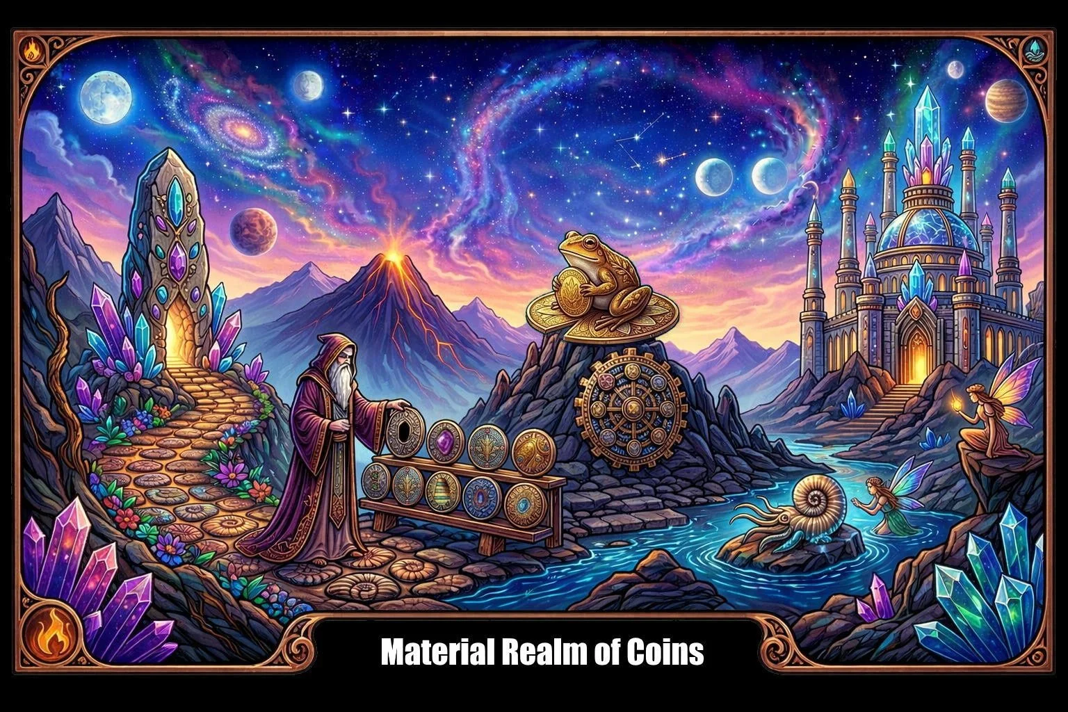 A fantasy scene depicting a mystical realm with a wizard, fairy, and various coins, crystals, and a frog statue, set against a fantastical landscape of mountains, volcanoes, a castle, and a starry, colorful sky.