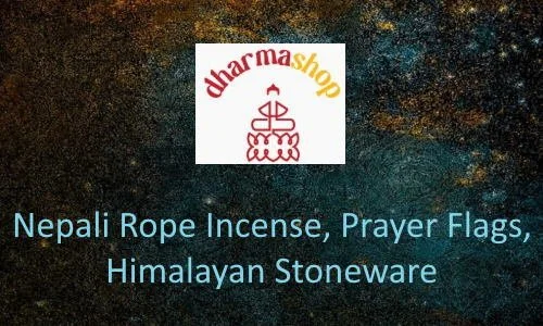 Text on a dark, textured background promoting Nepali rope incense, prayer flags, and Himalayan stoneware, with a logo reading 'dharmashop' featuring a stylized lotus and a small stupa