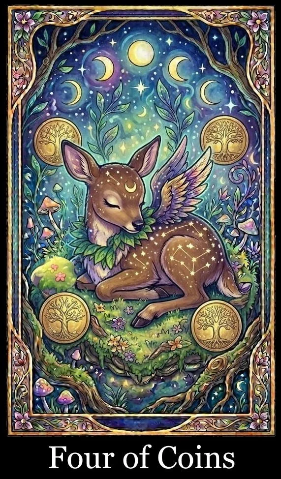 A mystical illustration of a deer with unicorn features, celestial symbols, and glowing maps of constellations on its body, surrounded by moon phases, trees, mushrooms, and flowers, framed by ornate floral designs.