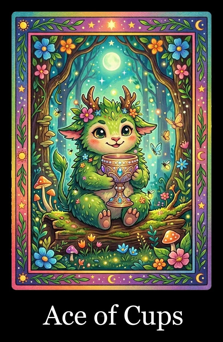 A colorful, fantasy-style illustration of a cute, small creature resembling a deer or a forest spirit with green fur, antlers decorated with flowers, sitting on a log in a mystical forest with glowing lights. The creature is holding an ornate cup. Surrounding it are various flowers, mushrooms, butterflies, and fireflies, with a bright moon and stars in the background.