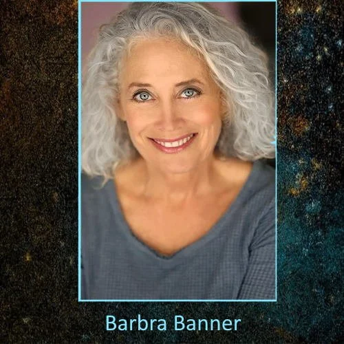A smiling woman with curly gray hair and blue eyes, wearing a blue top, against a dark background with a galaxy-like pattern and her name, Barbra Banner, written below.