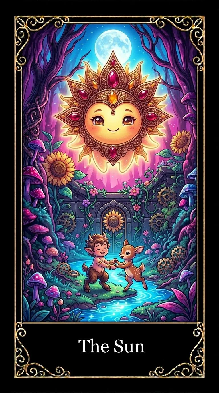 Illustration of a happy sun with a smiling face and a crown of colorful gemstones, shining over a magical forest scene with two dancing animals, surrounded by vibrant flowers, mushrooms, and gears, with a full moon in the night sky.