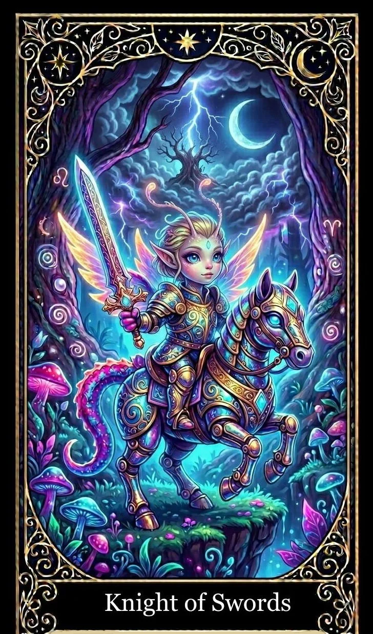 Fantasy artwork of a fairy knight riding a armored horse in a glowing forest under a moon and a starry sky, holding a luminous sword, with an enchanted, mystical atmosphere.