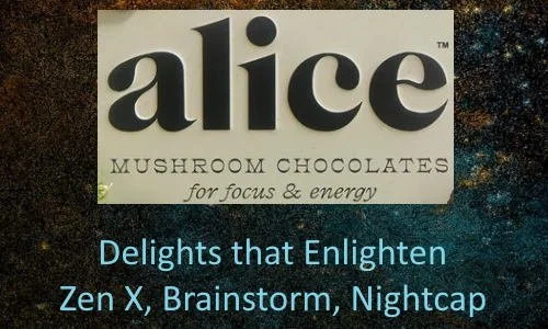 Close-up of a package of Alice Mushroom Chocolates with the tagline 'Delights that Enlighten' and names of flavors Zen X, Brainstorm, Nightcap.