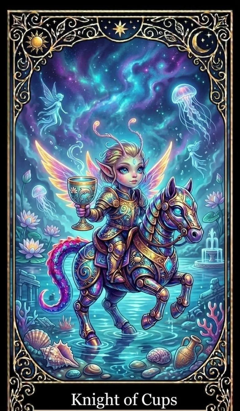 Fantasy illustration of a fairy riding a armored horse in a mystical landscape with glowing jellyfish, flowers, and a starry sky, titled 'Knight of Cups'.