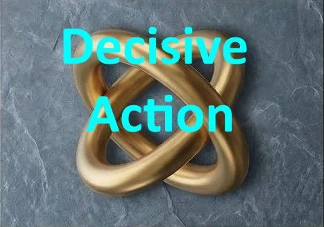 Decorative gold-colored infinity knot with the text 'Decisive Action' in bright blue over it on a dark textured background.