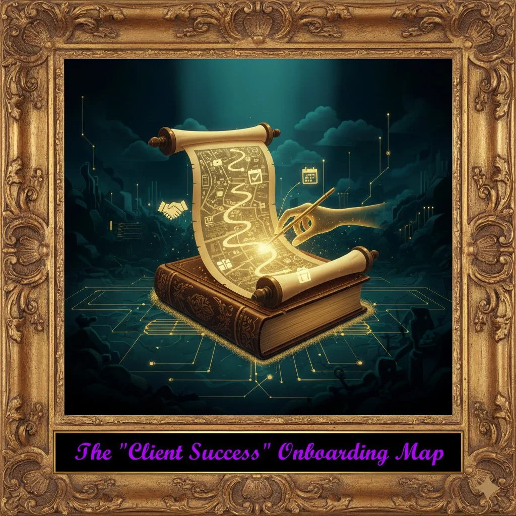 A digital illustration showing a glowing, ornate book with a scroll emerging from it. The scroll displays various icons and a DNA helix symbol, and there is a hand holding a stylus writing on it. The background features a dark, futuristic landscape with technology symbols, charts, and connecting lines, framed in an elaborate golden frame. The caption at the bottom reads "The 'Client Success' Onboarding Map" in purple text.
