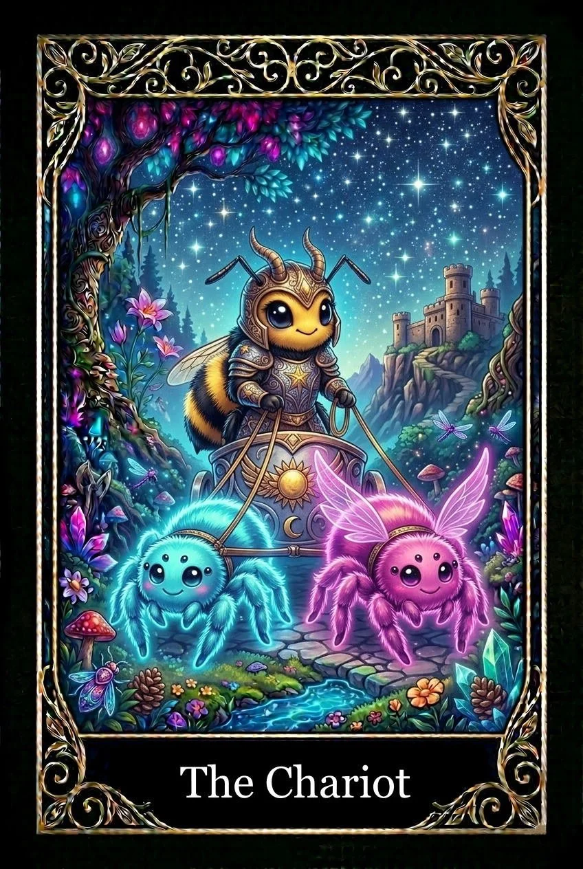 An illustrated fantasy scene featuring a cute bee in armor pulling a chariot with two whimsical spiders, one blue and one pink with wings, through a magical forest under a starry sky, with a castle on a hill in the background.