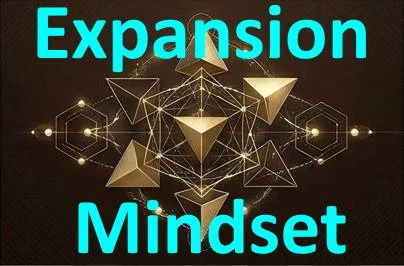 Illustration of connected geometric shapes representing blockchain or network connectivity with the words 'Expansion Mindset' in bright blue text.