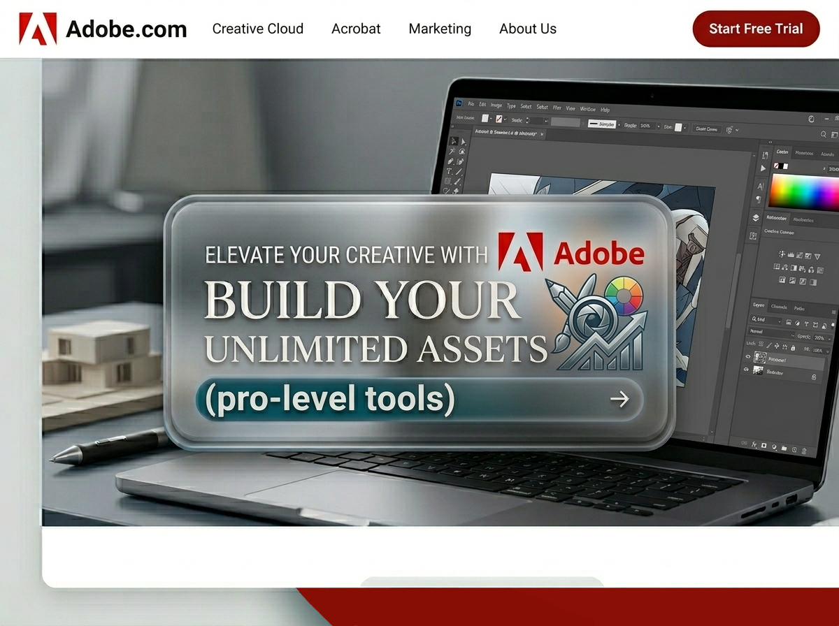 Advertisement for Adobe creative tools featuring a laptop with design software on the screen and promotional text that reads, 'Elevate your creative with Adobe. Build your unlimited assets (pro-level tools)'. Logo and website navigation bar are visible at the top.