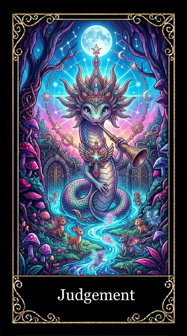 A fantasy scene featuring a dragon with a crown-like head and ornate jewelry, playing a musical instrument, surrounded by small mythical creatures in a lush, magical forest with glowing mushrooms and a river, under a night sky with a full moon and stars.