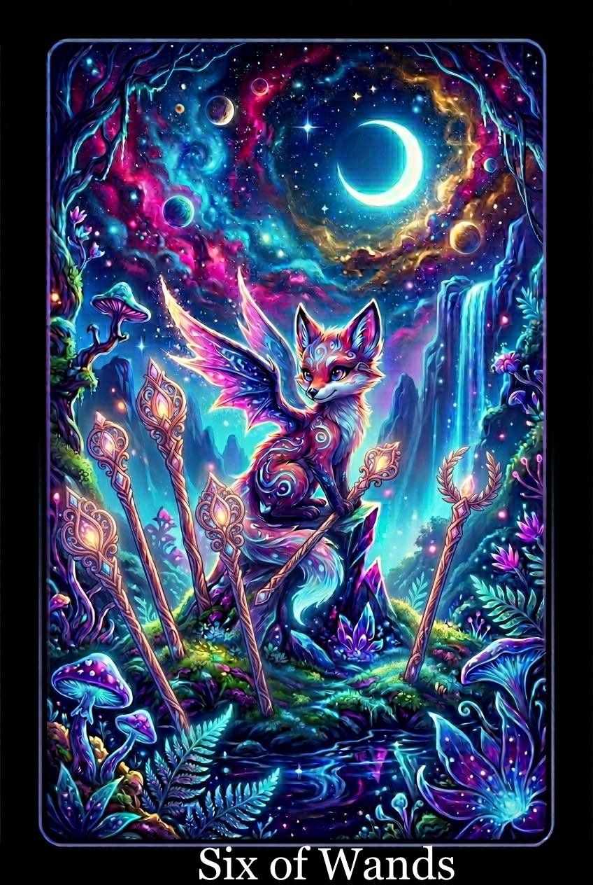 A mystical, neon-colored illustration of a fox with fairy wings sitting on a large rock in a magical forest. Surrounded by six ornate wands planted in the ground, glowing with vibrant colors. The background features a starry sky with a crescent moon and colorful nebulae, waterfalls, and glowing mushrooms, creating an enchanting, fantasy scene.