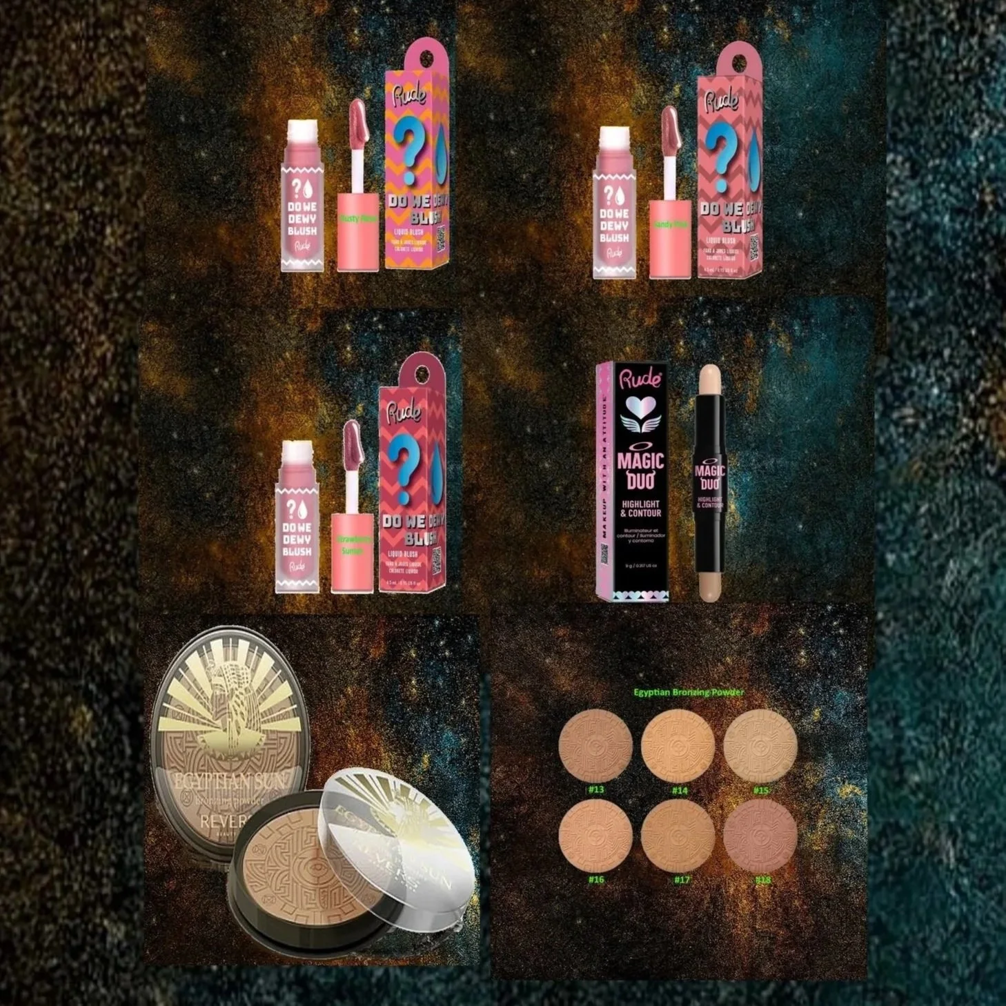 23 Pcs-Rude Cosmetics, Dewy Blush/Lips, Egyptian Bronzer, Contour & Highlight