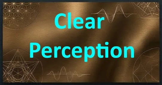 Text on a brown background that reads "Clear Perception" in blue font, with geometric and wave patterns.