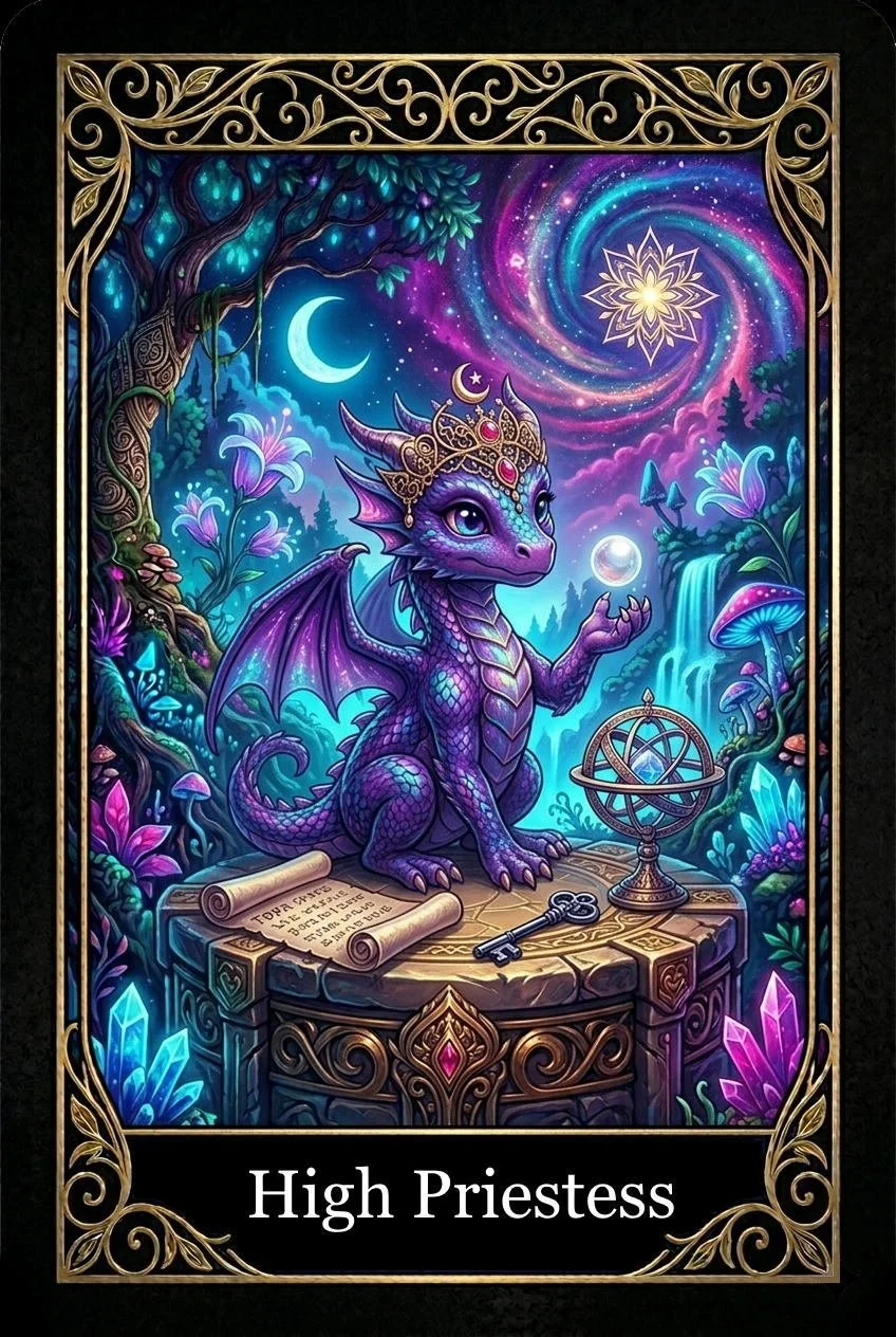 A fantasy illustration of a purple dragon with horns and wings, sitting at a stone altar in a magical forest under a starry sky with a swirling galaxy, crescent moon, glowing crystals, and mystical objects, labeled "High Priestess."