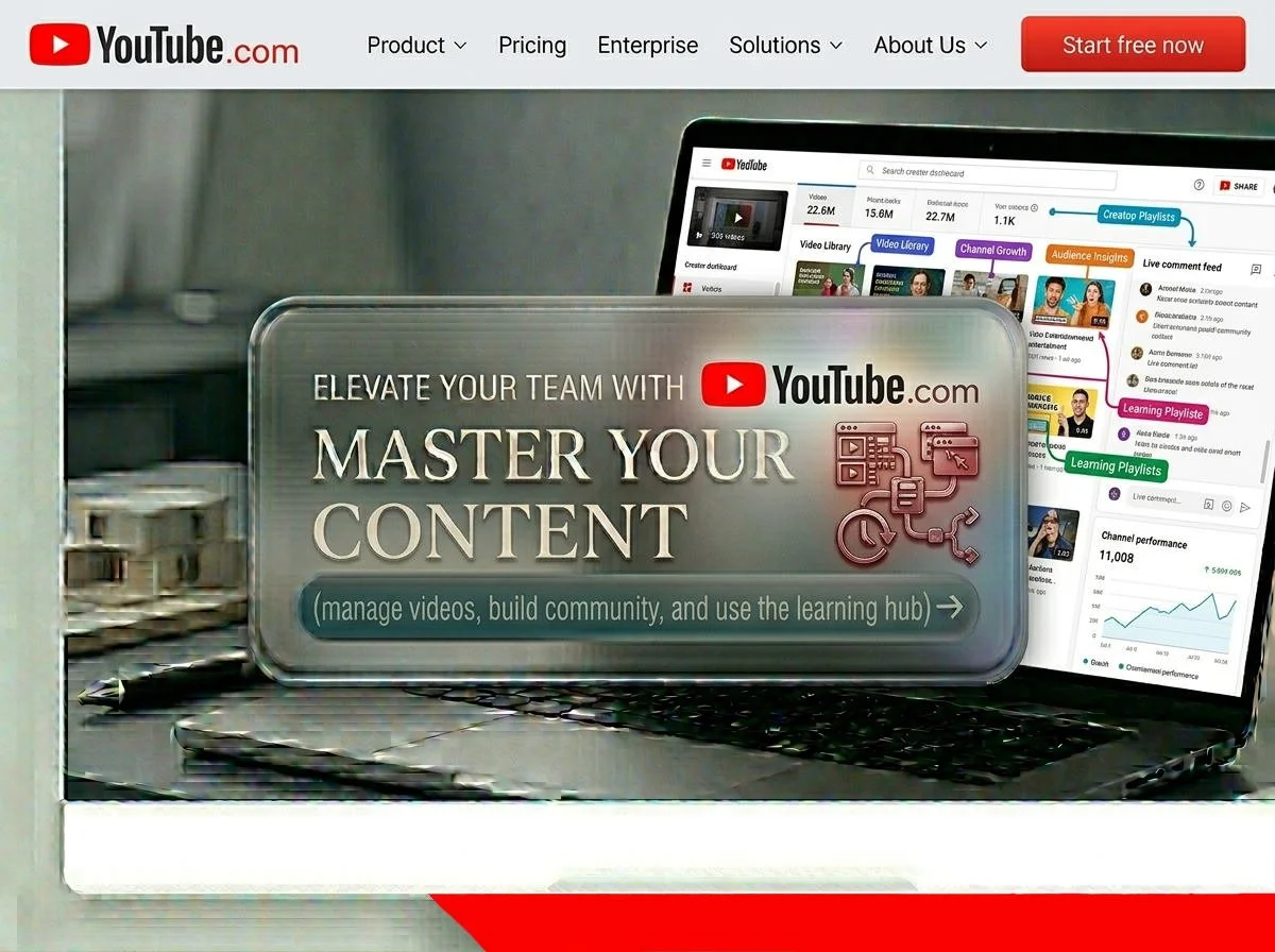 YouTube marketing webpage showing a laptop with YouTube analytics and management tools on the screen. Text highlights managing video content, building community, and using the learning hub to elevate teams.