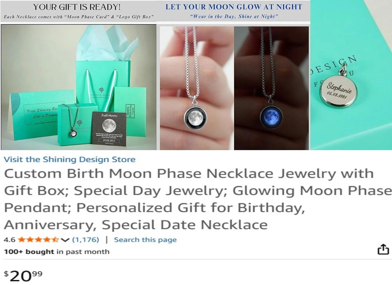 Packaging for custom moon phase necklaces from Shining Design Store, featuring gift boxes, necklaces with moon pendant, and a close-up of engraved pendant reading 'Stephanie 05.05.1921'.