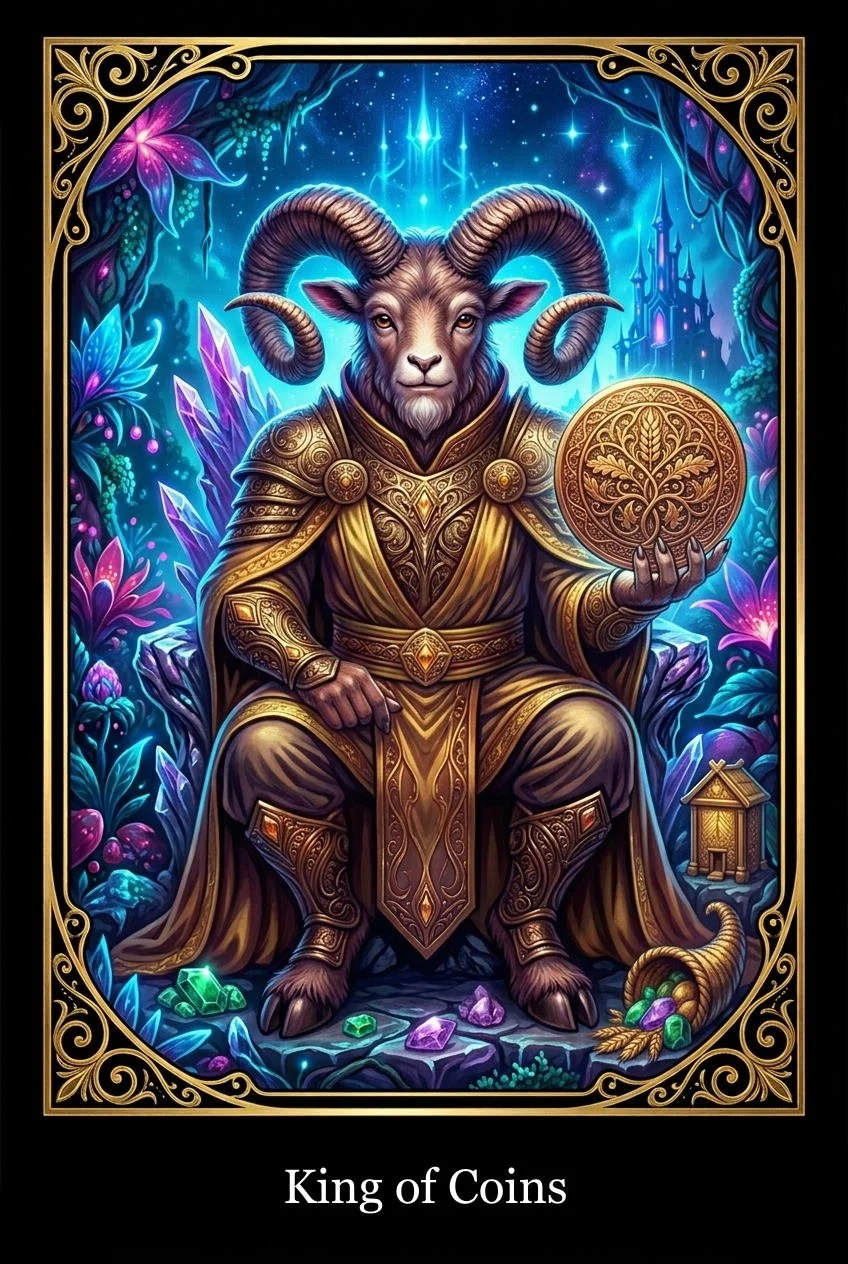 A fantasy illustration of a ram-headed humanoid dressed in ornate gold armor, sitting on a throne with a glowing coin in hand, surrounded by vibrant crystals and glowing plants, with a magical castle in the background and the title "King of Coins" at the bottom.