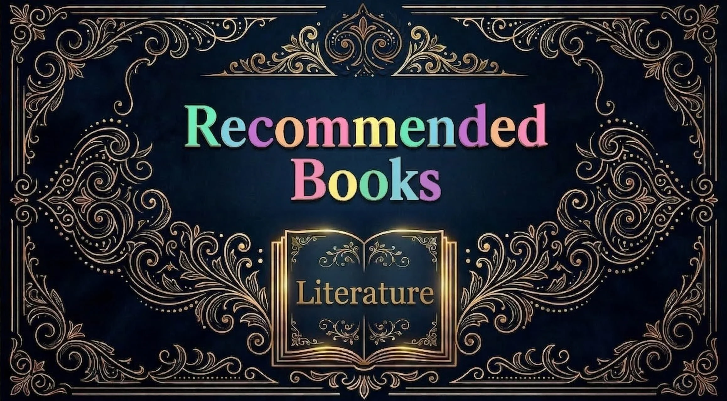 Elegant decorative sign with gold filigree border and an open book illustration at the bottom, displaying the word 'Literature'. The background is dark, and the text 'Recommended Books' is in colorful, pastel letters at the top.
