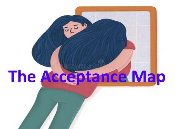 Illustration of a woman hugging herself in front of a mirror with the text 'The Acceptance Map' overlaid.