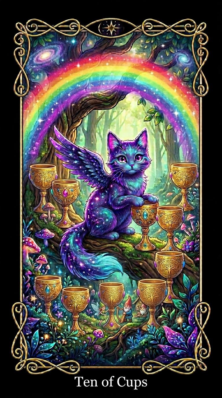 Fantasy illustration titled "Ten of Cups" featuring a colorful winged cat with starry fur sitting on a tree branch surrounded by ten ornate golden cups, a vibrant rainbow in a magical forest with mushrooms and gnomes, framed with decorative gold borders.