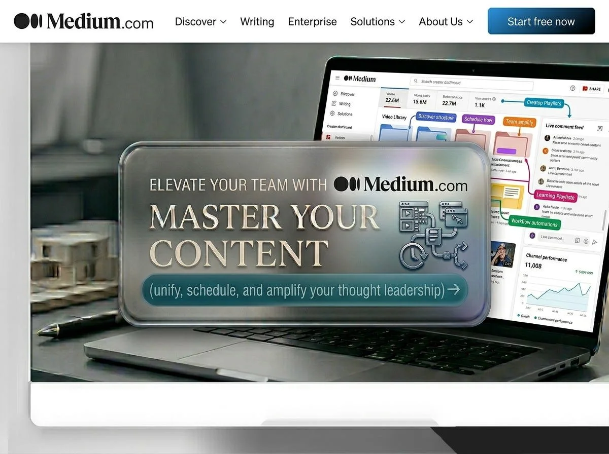 Promotional webpage for Medium.com showing a laptop with analytics and content management tools, with overlay text promoting mastering content, unifying, scheduling, and amplifying thought leadership.