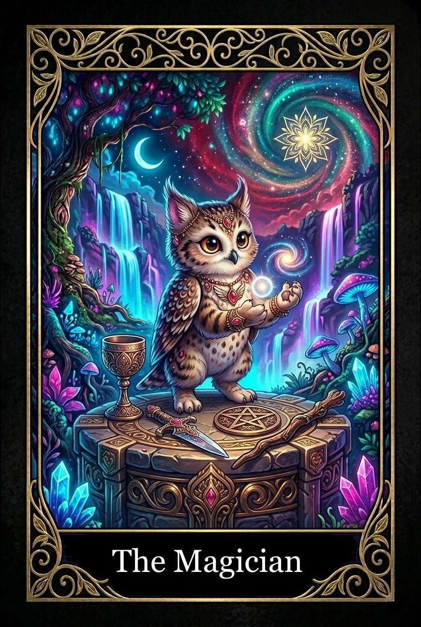 An animated illustration of a feline creature with owl features, holding a glowing orb, standing on a stone pedestal in a vibrant, magical forest scene with waterfalls, colorful mushrooms, and glowing crystals, under a starry sky with a crescent moon and swirling galaxy, labeled 'The Magician.'