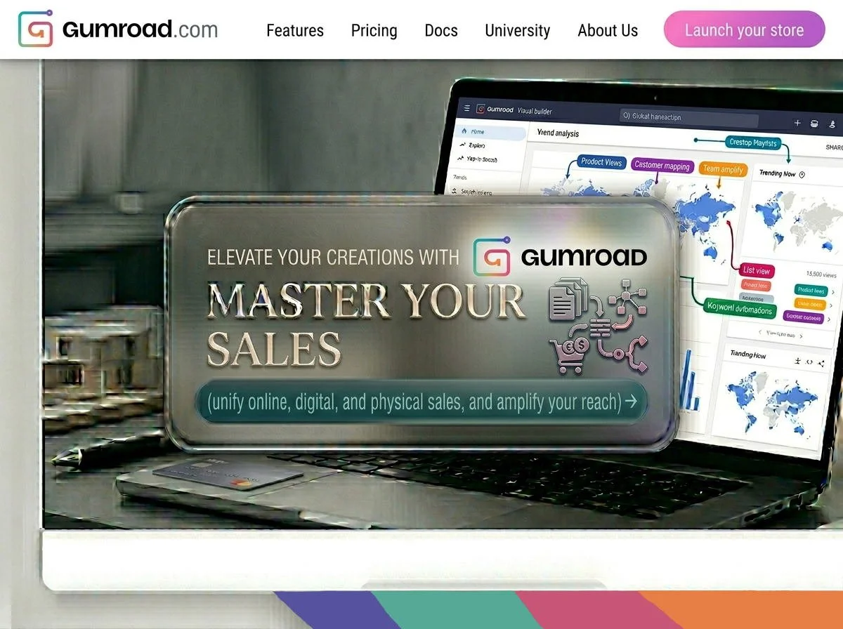 Gumroad website homepage displaying a promotional banner for mastering sales with a laptop showing sales analysis data and a smartphone on a desk.