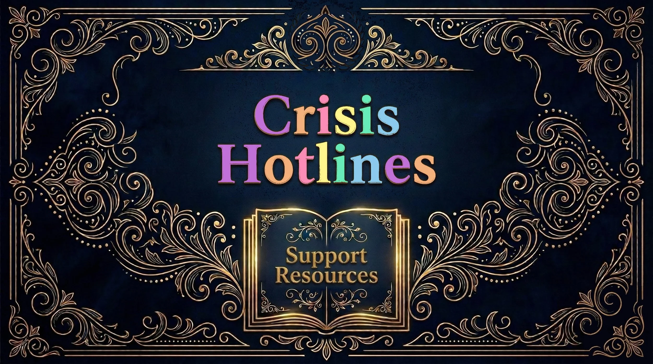 Decorative cover featuring the title 'Crisis Hotlines' in multicolored text and 'Support Resources' in gold text inside an ornate gold border with floral designs, against a dark background.