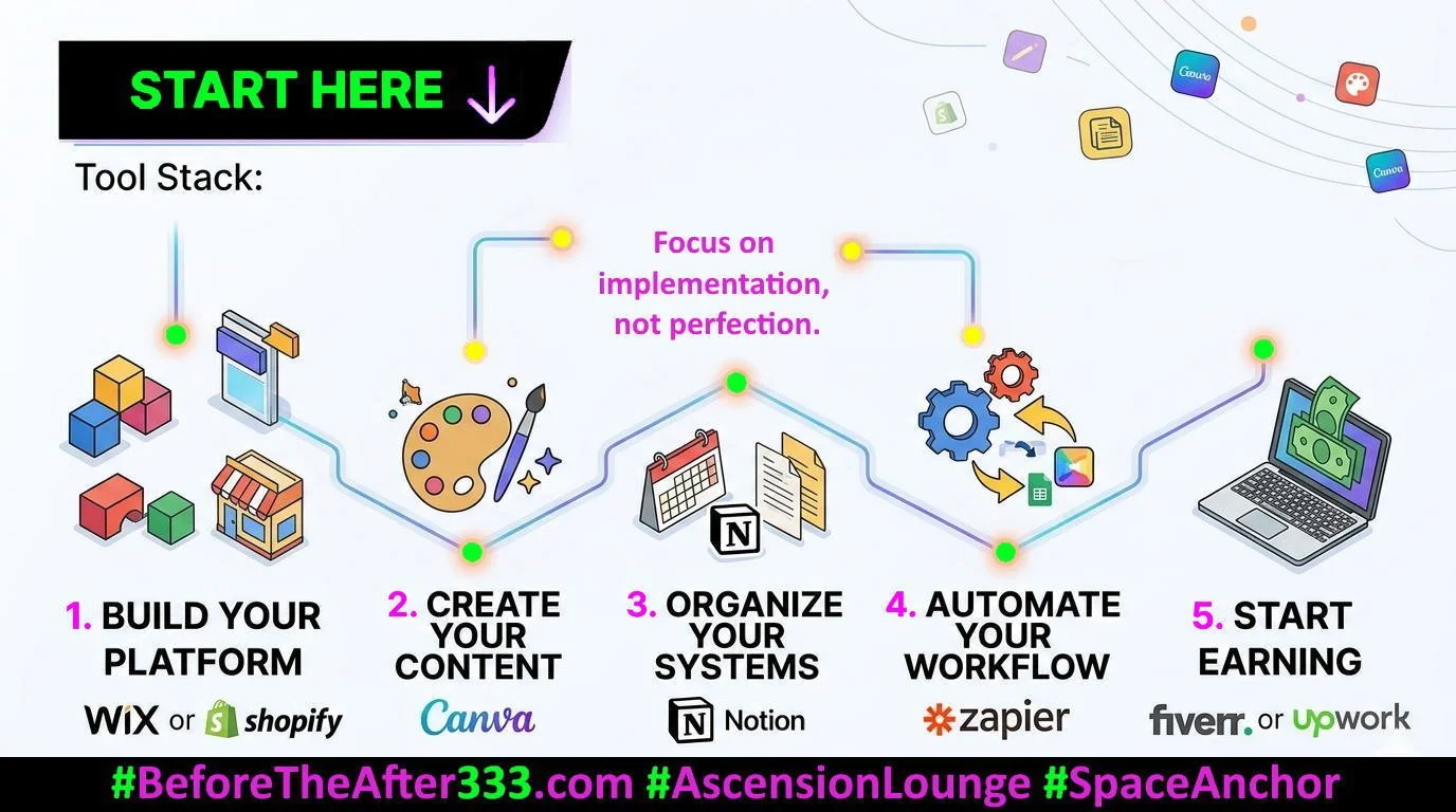 A colorful infographic outlining a five-step process for creating a digital platform to earn money. The steps include building your platform, creating content, organizing systems, automating workflow, and starting earning. The image features icons for tools like Wix, Shopify, Canva, Notion, Zapier, Fiverr, and Upwork, with motivational text emphasizing focusing on implementation rather than perfection.