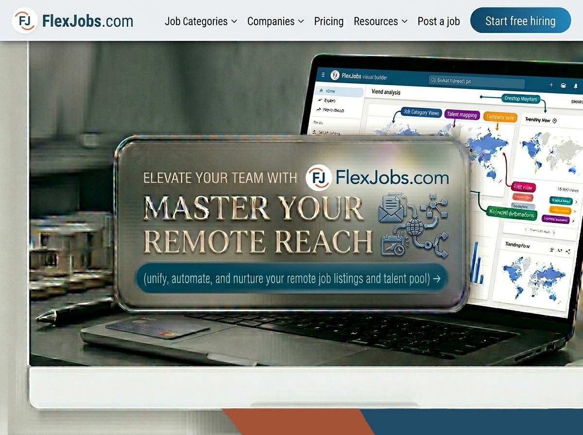 Banner promoting FlexJobs.com with a laptop displaying data charts and maps, emphasizing remote work skill mastery and team remote reach.