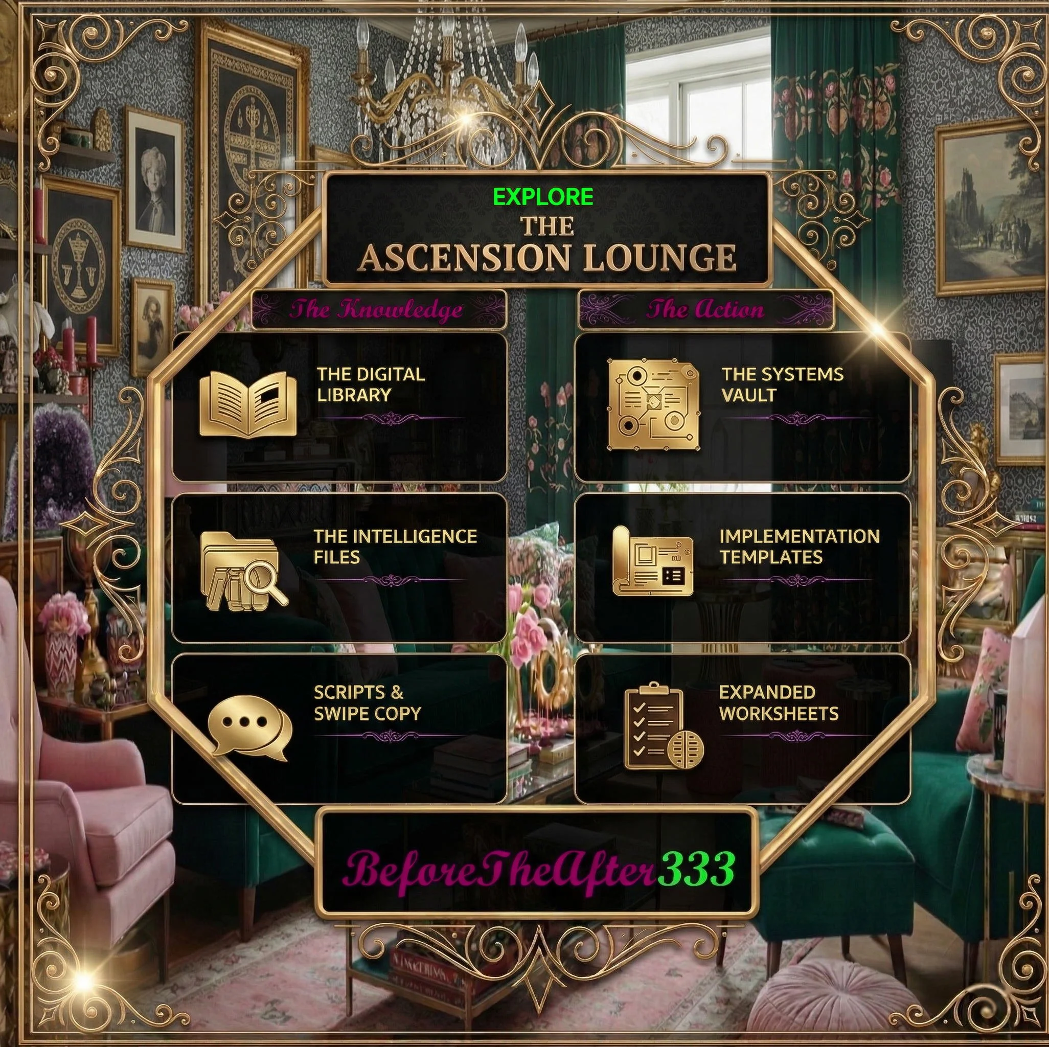Decorative graphic promoting 'The Ascension Lounge' with sections titled 'The Knowledge' and 'The Action', including icons and labels for digital library, intelligence files, scripts & swipe copy, system vault, implementation templates, and expanded worksheets, set against a lavish, vintage-style interior background with ornate gold accents, floral arrangements, and framed artwork.